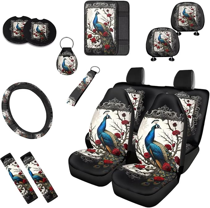 Peacock 13 Pcs Car Seat Covers Full Set, Gothic Rose Peacock Feather Auto Front and Rear Bench Seat Protector, Garden Flower Bird Steering Wheel Sleeve Auto Armrest Cover