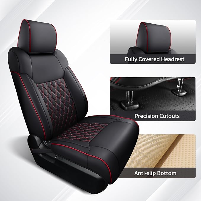 Huidasource Custom Fit Tundra Car Seat Covers Full Set, Waterproof Front&Rear Seat Cushion Fit for 2014-2021 Toyota Tundra CrewMax Pickup Truck (Full Set/Black&Red)