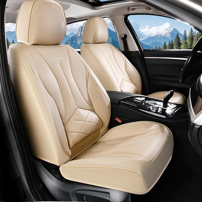FLORICH Seat Cover, Car Seat Covers Front Set, Waterproof Leather Car Seat Protector, Front Seat Covers for Cars, Automotive Seat Covers Protector 2 Pack Fit for Most Cars Trucks SUV - Beige