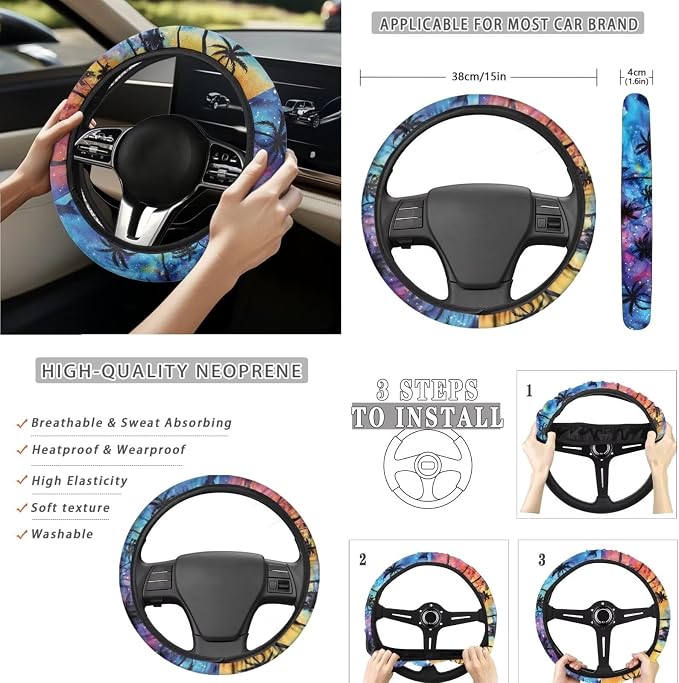 Tropical Palm Tree 15 Piece Car Seat Covers Full Set Car Steering Wheel Cover Auto Safe Belt Pads Cup Coasters Garbage Can Rear View Mirror Cover Keychains Wristlet Strap