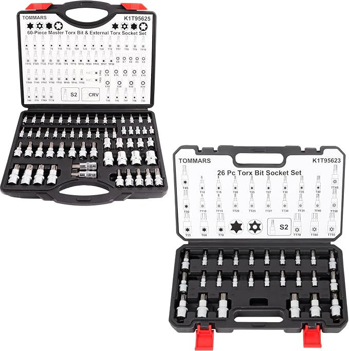 TOMMARS 26-PC T10-T70 & TT10-TT70 & 60-Pc Master Torx Bit Socket and External Socket Set