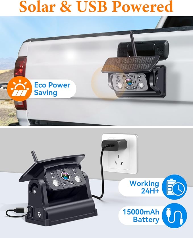 1080P HD Magnetic Wireless Backup Camera: Easy Install in Seconds | Clear Night Vision for Hitching & Parking - 25H Long Battery Life Solar Rear View Camera for Trucks, Pickups, Trailers
