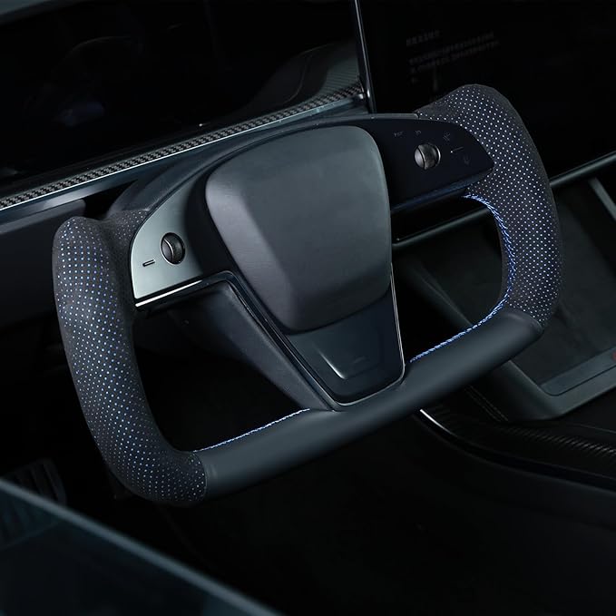 MEWANT DIY Black Genuine Leather Mesh Athsuede Blue Layer Steering Wheel Cover for Tesla Models Yoke 2021 Model X 2021