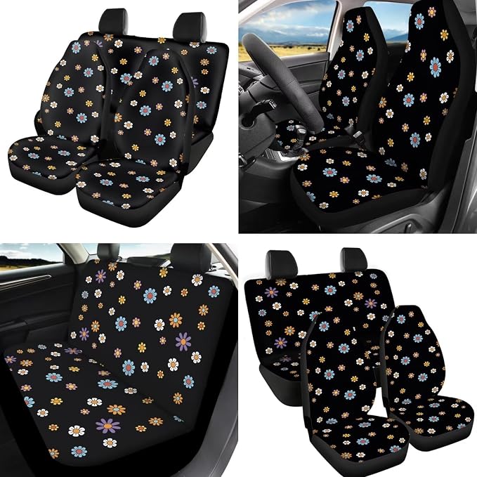 12 Pcs Flower Car Seat Covers for Women,Colorful Groovy Flowers Auto Steering Wheel Cover Protector,Hippie Floral Cup Coaster,Keychain,Shoulder Seatbelt Pad,Soft Armrest Pad Decor Accessories