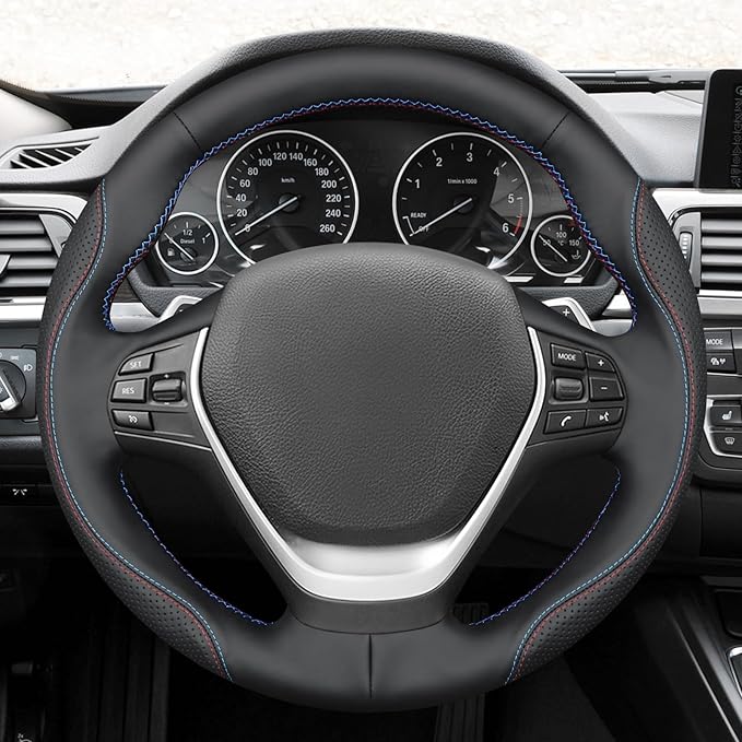 MEWANT Hand Stitch Steering Wheel Cover for BMW 2 Series F22 F23 2014-2020 3 Series F30 F34 2012-2018 4 Series F32 F33 F36 2014-2020 Black Genuine Leather Interior Accessories