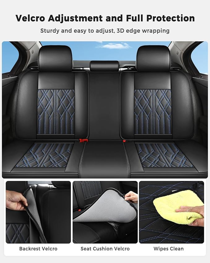 Huidasource Back Seat Covers, Waterproof Leather Rear Split Bench Car Seat Cover, Vehicle Seat Cushion Cover Protector Universal Fit for Most Cars Sedan Pickup Truck SUV(Back Row/Black&Blue)