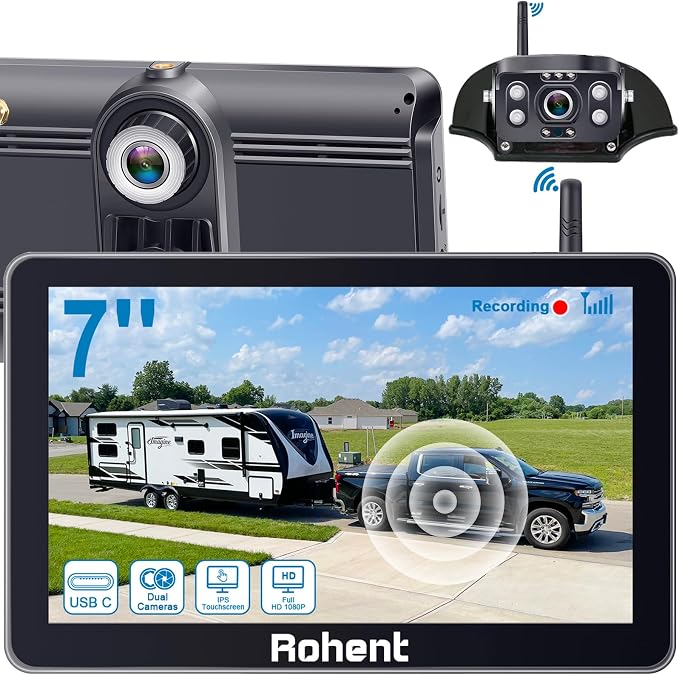 Rear&Front Wireless RV Backup Camera: 7'' Touchscreen Monitor Recording Audio Dash Cam USB Plug and Play Easy Install for Trailer Truck HD 1080P Quick Compatible with Furrion Pre-Wired System N10