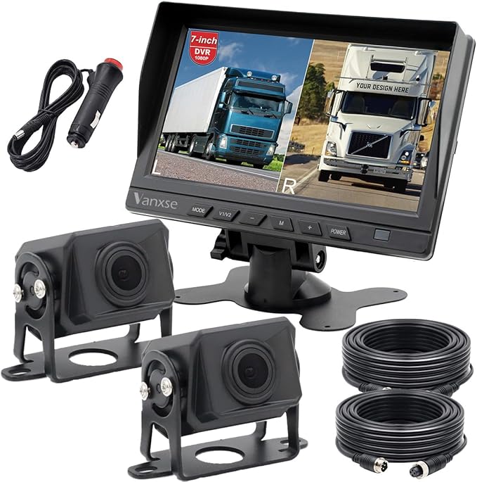 HD Wired RV Backup Camera System Kit,7 inch IPS Dual Split Screen Monitor DVR Recording IP69 Waterproof 1080P Front View Rear View Reverse Cameras Parking Lines for Truck/Semi-Trailer/Box Truck