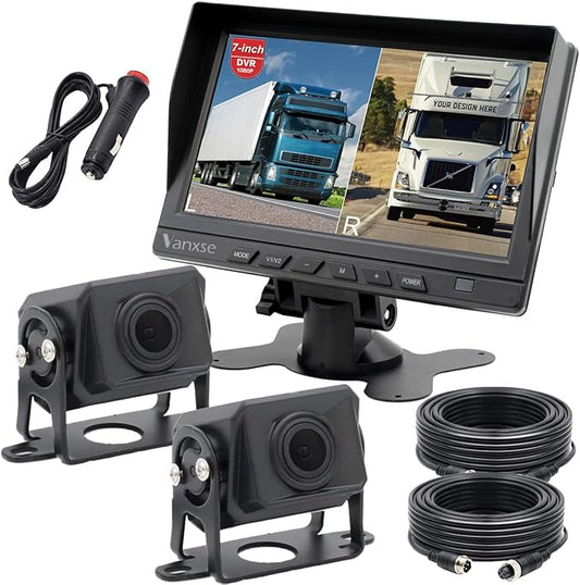 HD Wired RV Backup Camera System Kit,7 inch IPS Dual Split Screen Monitor DVR Recording IP69 Waterproof 1080P Front View Rear View Reverse Cameras Parking Lines for Truck/Semi-Trailer/Box Truck