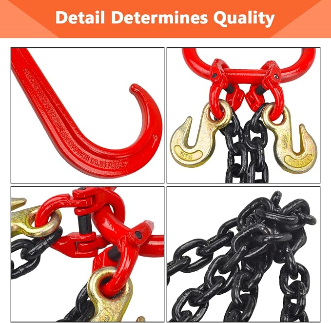 3/8" Grade 80 V-Type Transport Tow Chain w/15 J-Hooks 3 Ft Long Shank Legs for Flatbed Truck Tie Trailer Tractor Car Wrecker Tow Chain,7100 Lbs Working Load Limit,G80 Steel Bridle,Black+Red