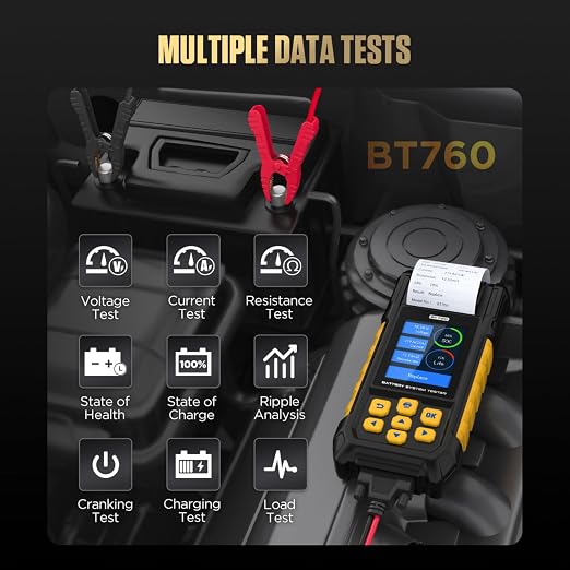 Battery Testers BT760 Automotive Battery System Testers 8V-32V Car Battery Analyzer with Battery/Load/Cranking/Charging Test,Data Printing,3 Rolls Printer Paper for Vehicles,HD,Trucks,Motorcycles