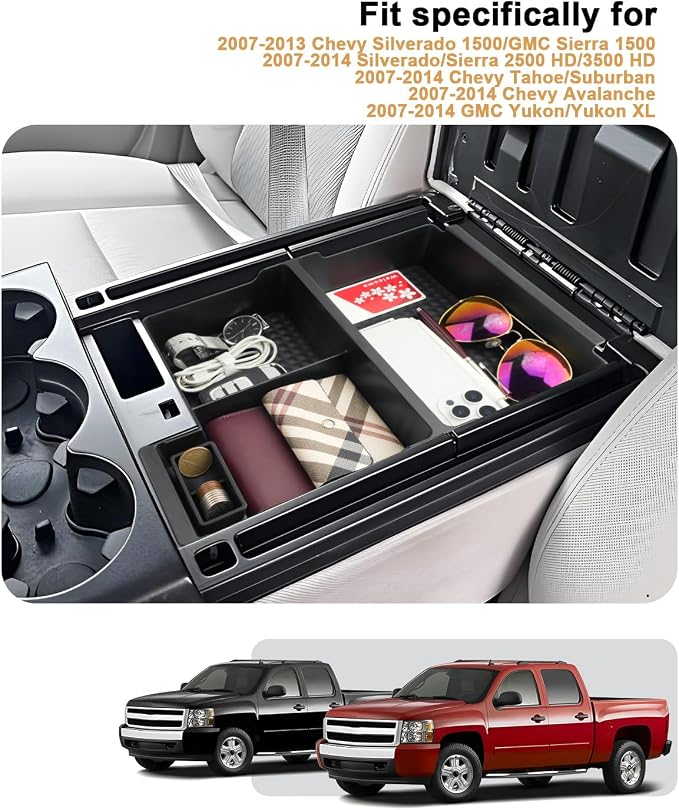 ECOZEN Center Console Organizer for 2007-2014 Chevy Silverado/GMC Sierra & Tahoe/Suburban/Avalanche/Yukon/Yukon XL Accessories - Armrest Box Organizer - Only Fit Split-Bench Front Seat/Jump Seats