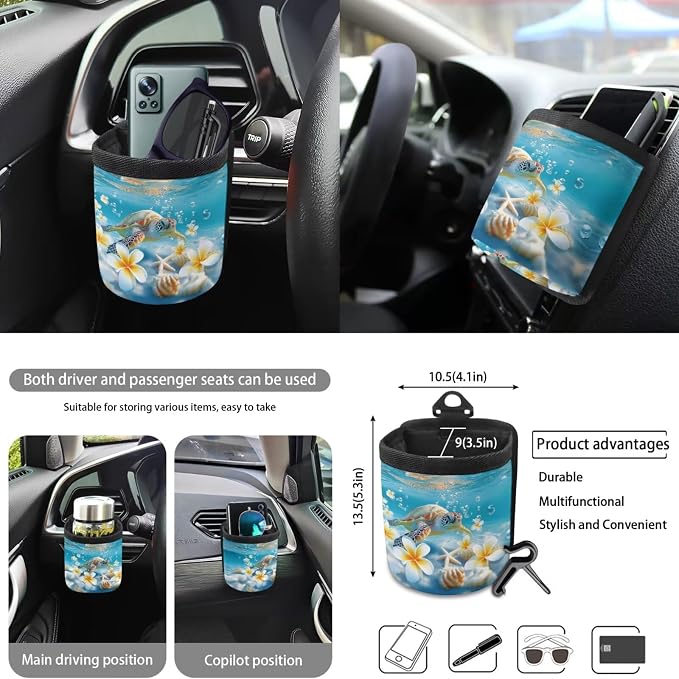 Sea Turtle Plumeria Print 10 Pcs Car Accessories Set Breathable Car Seat Covers Steering Wheel Cover Trash Can Auto Air Vent Storage Bag Cup Coasters Keychain Fits for Most Vehicle