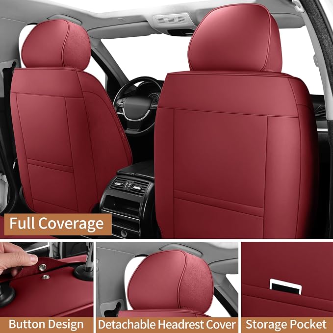 Front Seat Covers for Cars Breathable Leather Seat Covers Waterproof Seat Protectors Universal Fit for Most Automotive Cars SUV Trucks (Red, Front Pair)