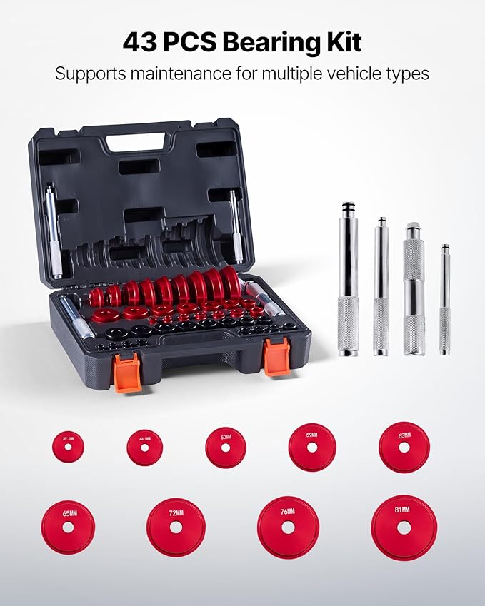 VEVOR Bearing Press Kit, 43 Pcs, Bearing Race and Seal Driver Set with 39 Bushings & Handle Shafts, Bushing Driver Tool Set, Heavy Duty Aluminum Alloy Removal Installation Tool Kit with Storage Case