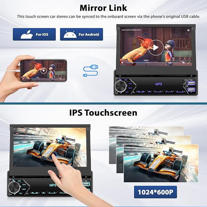 Inefala Single Din Touchscreen Radio 7'' Flip Out Screen Car Stereo with Bluetooth USB Type C Fast Charge Car Audio Receiver Backup Camera SWC FM MIC TF AUX in EQ