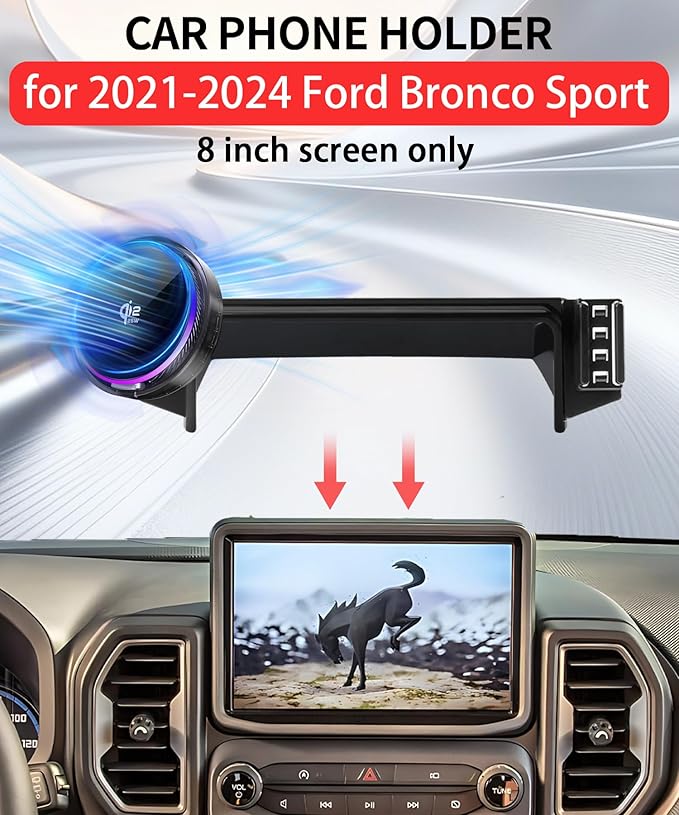 Qi2.2 25W Magnetic Car Mount Charger for Ford Bronco Sport 2021 2022 2023 2024 Accessories, for Fast Charging Cell Phone Holder 8 Inch Screen Fixed Clip with Cooling Fan＆54W Fast Adapter