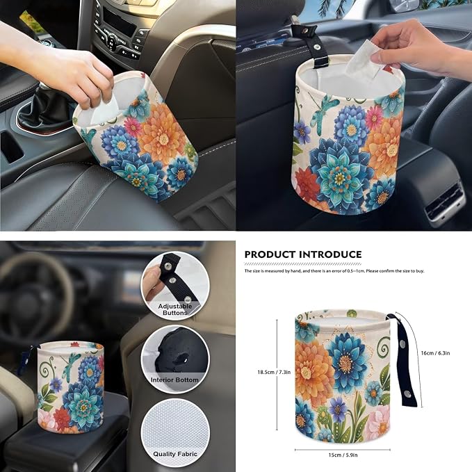 Boho Floral Dragonfly Car Seat Covers Set of 15 with Universal Steering Wheel Cover, Rearview Mirror Cover, Car Trash Can, Seatbelt Pads, Cup Holder Coasters, Keychains