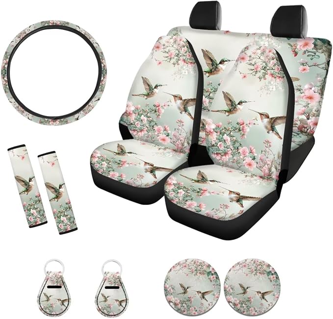 Suobstales Hummingbird Floral Print Car Seat Cover Set Interior Accessories Bucket Seat Cover Rear Split Bench Protection with Steering Wheel Cover,Seat Belt Cover Coaster,Keychains Fits Most Vehicles