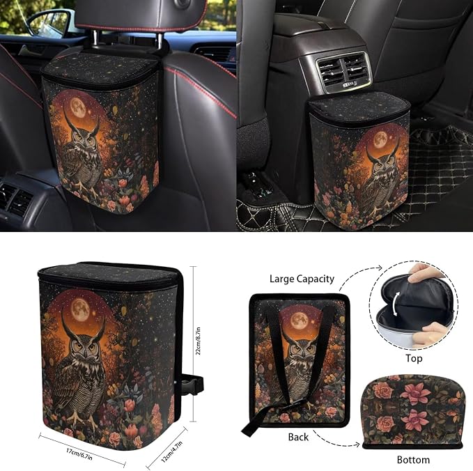 Moon Owl Car Seat Covers Full Set 15 Pcs Universal Seat Covers Front and Back with Steering Wheel Cover Seat Belt Pad Trash Bag Rearview Mirror Cover Car Coasters Keychain