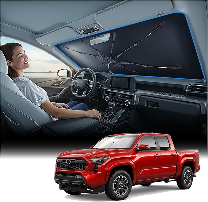 [2026 Upgraded] Nmoiss Windshield Sun Shade Umbrella for Toyota Tacoma - [Vinyl Coating Heat Shield] Protect Car from Sun Rays & Heat Damage Keep Cool and Protect Interior, Spring Structure Edge