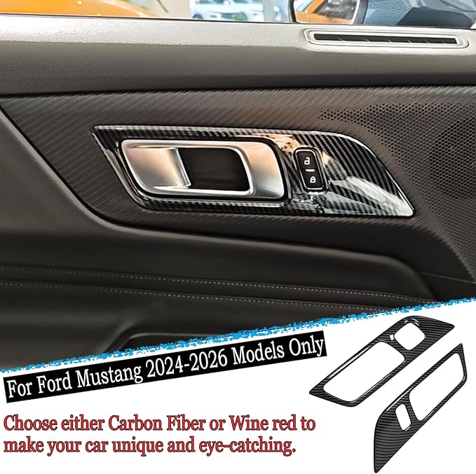 Inner Door Handle Cover，for Ford Mustang 2024-2026 / Shelby GT350 2015-2020 / GT500 2020-2022，ABS Carbon Fiber Decal Interior Trim Cover Accessories (with Memory seat Button Style)