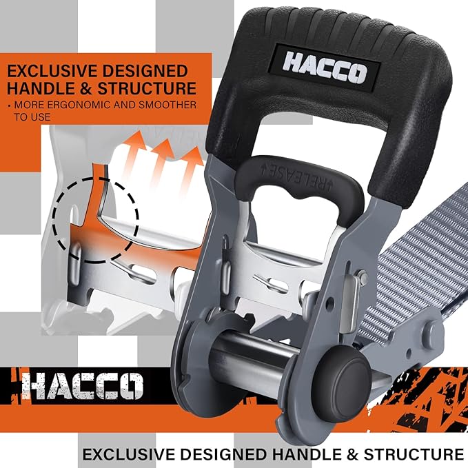 HACCOPLANET Ratchet Straps, 5280lb Break Strengeth, 1.6" Heavy Duty Ratchet Tie Down Strap Set w/Padded Handle, S Hook, Soft Loop for UTV Motorcycle Truck Cargo Straps (Grey, 8FT)