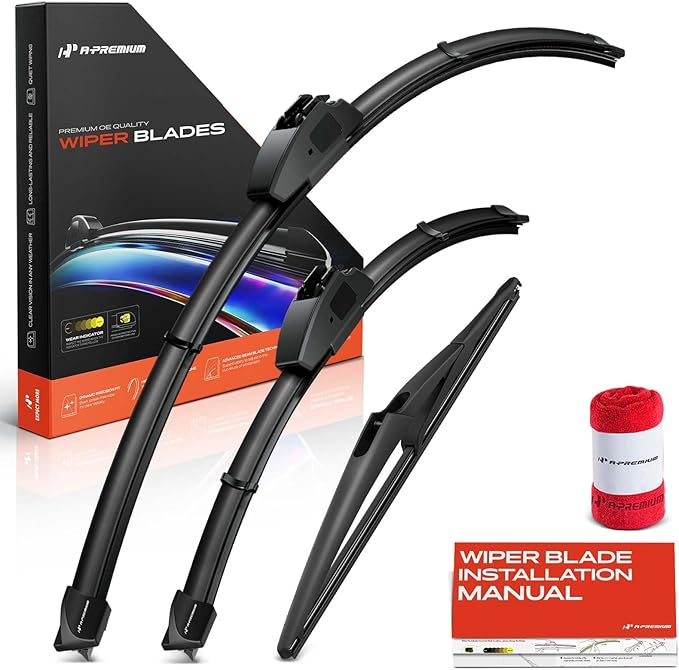 A-Premium 26"+17"+12" Windshield Wiper Blades Compatible with Nissan Rogue 2014-2024, Pathfinder 2013-2020 - Front Rear Wipers Blade Set for Hook/Snap Claw, with Wear Indicator & Towel (Pack of 3)