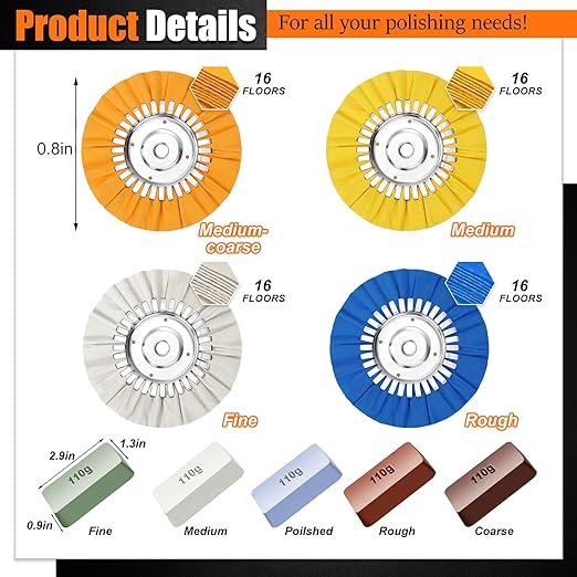 9 Pcs 8" Aluminum Polishing Wheel Kit, 4Pcs Airway Buffing Wheel in Hole Diameter 5/8" inch, 5Pcs Aluminum Compound Polish for Angle Grinder Mirror Finish Polishing for Metal Detailing Kit