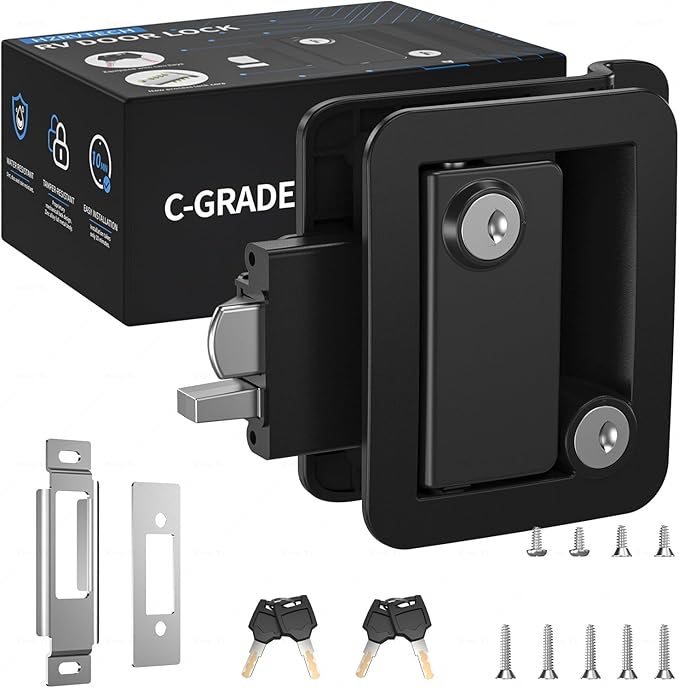 RV Door Lock Replacement with Paddle Latch, Black Camper Door Lock for Travel Trailers and Enclosed Trailer, Includes 4 Keys