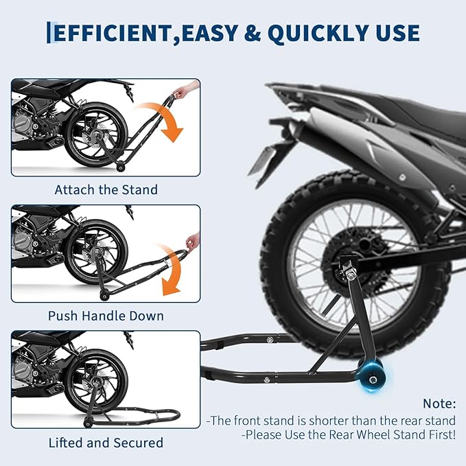 Garvee Motorcycle Stands Front and Rear, 900 LB Heavy Duty Front & Rear Wheel Lift Combo with Prong Adapters+L Adjustable Swingarm Spool, Universal Paddock Stands for Most Motorcycles, Black