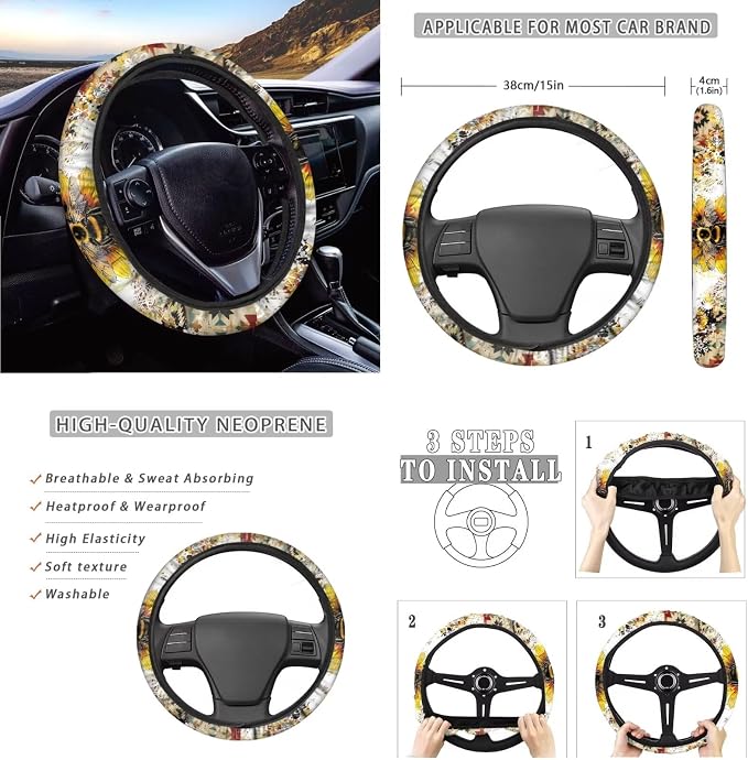Bee Car Seat Covers 12Pcs Sunflower Bee Auto Seat Protection Accessories Full Set with 15Inch Steering Wheel Covers Seatbelt Pad Keychain Coaster Armrest Pads Vehicle Interior Set