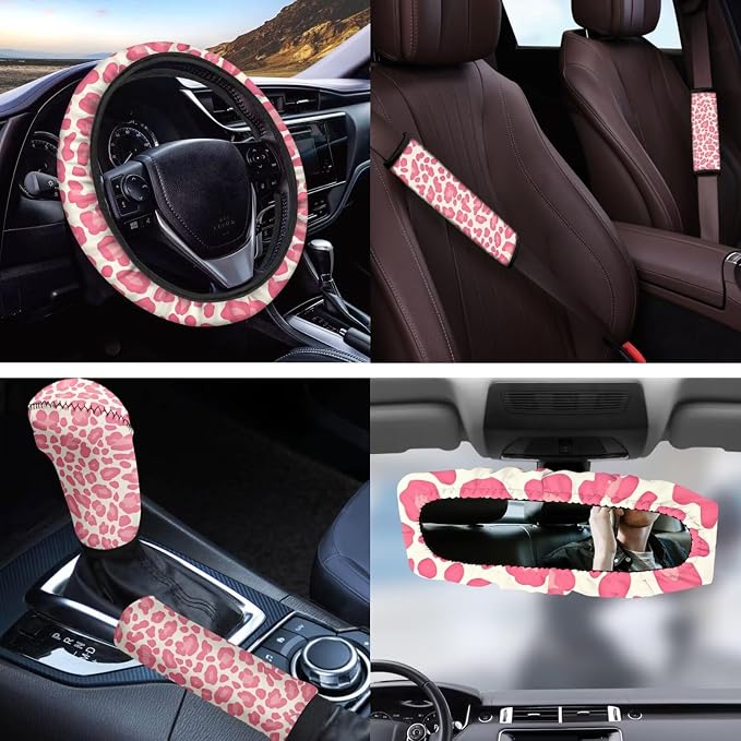 Pink Leopard Print Car Seat Covers Set of 11 Car Front Seat Cover Steering Wheel Cover Rear View Mirror Cover Cup Coasters Wristlet Keychain for Most Cars, SUVs