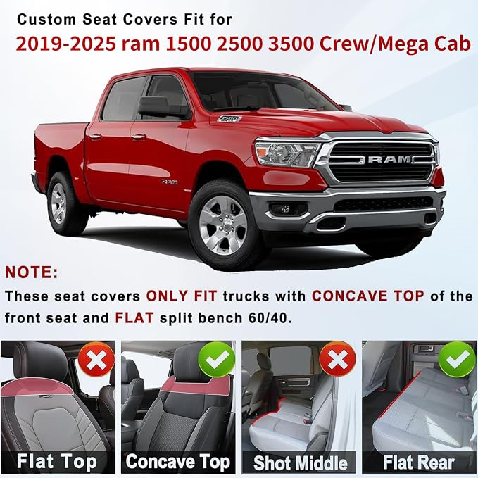 Huidasource Seat Covers for Dodge Ram 2019-2025 RAM 1500 2500 3500 Crew/Mega Cab, Waterproof Ram Leather Seat Covers Full Set, Front & Rear Ram Truck Seat Cushion Covers (Full Set/Black&Blue)