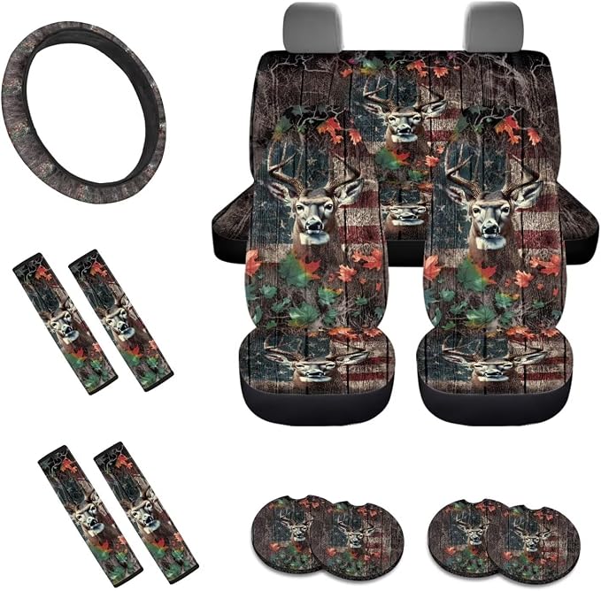 Deer Wood American Flag Maple Leaf Print Car Seat Covers Full Set, 13 Pieces Car Accessories Set, Universal Fit Steering Wheel Cover Safe Belts Cover Waterproof Coasters for Trucks SUV Van