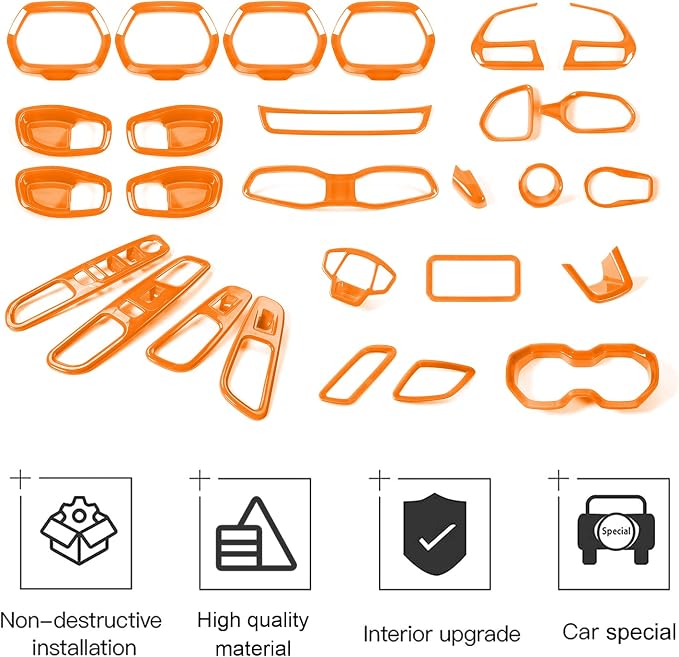 CheroCar 31 PCS Full Set Interior Decoration Trim Kit Steering Button Cover Door Handle Cover Air Outlet Cover Cup Holder Gear Cover Trim Door Speaker Cover for Jeep Renegade 2016-2018,Orange…