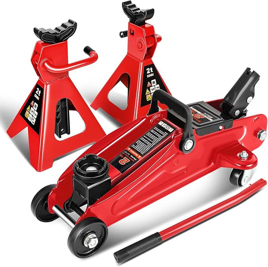 DNA Motoring 2 Ton Car Jack and Stands Kit 2T(4000 lbs) Capacity Low Profile Hydraulic Trolley Service/Floor Jack with 2 Ratchet Stands Combo for Home Garage Shop, Red, TOOLS-00476-RD