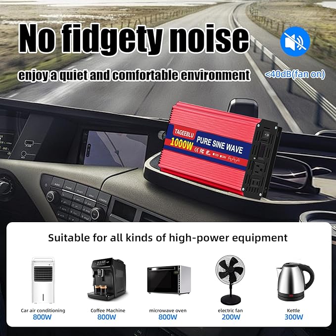 1000W Pure Sine Wave Inverter - 2000W Surge Peak, 24V DC to 110V AC Heavy Duty Power Inverter for RV, Truck, Home, Solar, Off-Grid, Outdoor, Car Converter with Dual AC Outlets and LCD Display