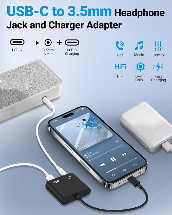 Seulliya USB C to 3.5mm Headphone Jack and Charger Adapter, 2-in-1 Audio & Fast Charging Splitter for Apple iPhone 17/16/15/Pro/Pro Max, iPad, Samsung, Pixel, and More 5Pack Black