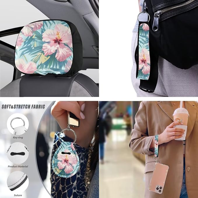 Tropital 13 Pcs Car Seat Covers, Pink Watercolor Hibiscus Universal Driver Seat Cover Protector Armrest Pad, Palm Leaf Steering Wheel Armrest Cover Seatbelt Cup Mats