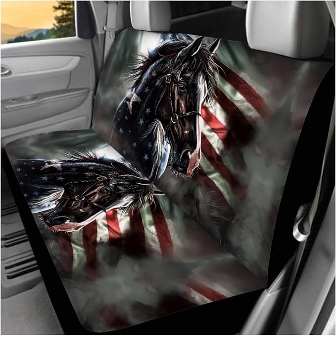 Ystardream American Flag Horse Car Seat Cover Full Set 11 Pcs with Steering Wheel Cover, Auto Seat Belt Covers Keychain & Cup Holder Pads,4th of July Car Accessories Universal Fit for SUV Sedan Truck