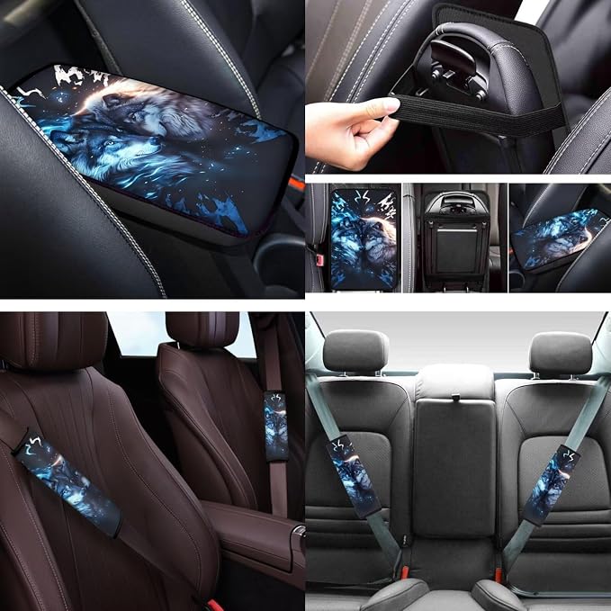 Cool Wolf 12 Pcs Car Seat Cover Set with Auto Steering Wheel Cover Armrest Cushion Cup Coasters Protector Seat Belt Covers,Automotive Interior Sets Universal Fit Most Cars SUV