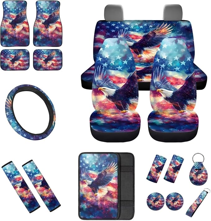 18 Pcs Eagle American Flag Car Interior Accessories Set, Car Seat Covers Full Set with Auto Steering Wheel Cover Floor Mats Armrest Pad Seat Belt Pads Handle Wraps Cup Coaster Keychain