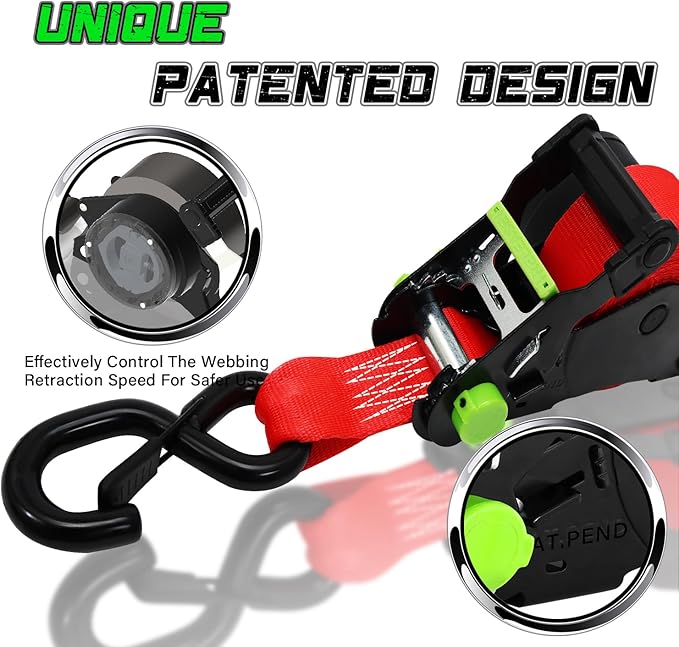 Retractable Ratchet Straps (2pk) -Patented | 1.5 in x 16 ft Heavy Duty Auto Ratchet Straps with Soft Loops | Perfect Automatic Tie Downs for Motorcycle,Kayak and Truck | Break Strength 5,000LBS/2268KG