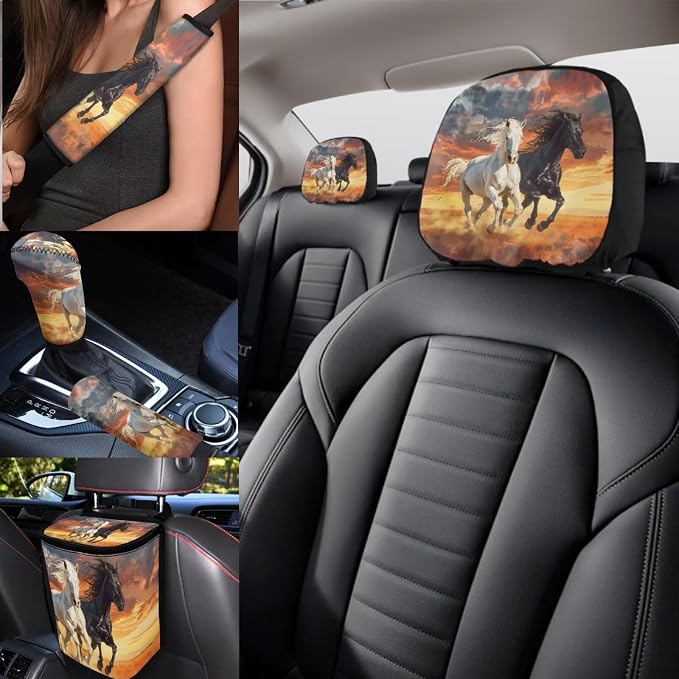 Horse Car Seat Covers Full Set of 17 Pack,Beach Car Aaccessories with Auto Seat Head Rest Protector,Animal Car Trash Can,Center Console Cover,Cup Holder Coasters,Universal Fit Most Car