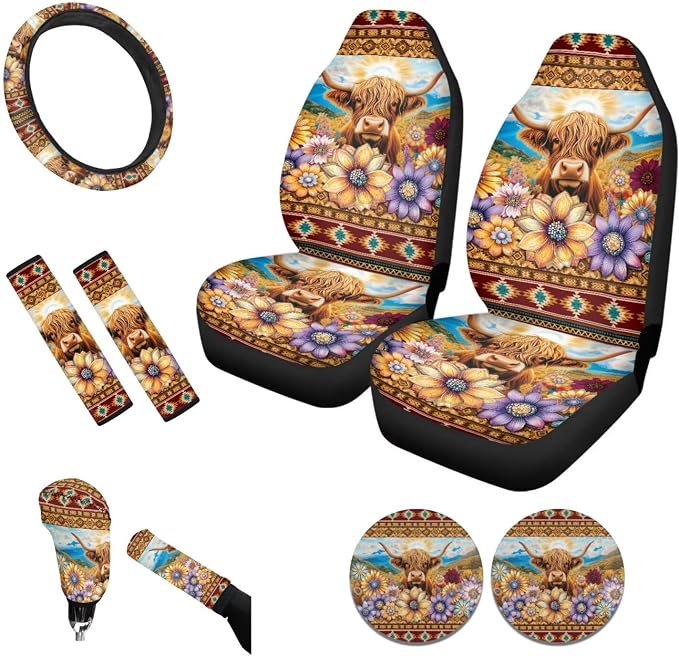 Tupalatus Highland Cow Flower 9 Pack Seat Covers Full Set Car Accessories Steering Wheel Protector Auto Seat Belt Cover Coasters Gear Shift Cover Hand Brake Cover for Women