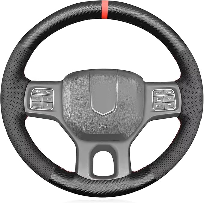 Genuine Leather Carbon Fiber Steering Wheel Cover for Dodge RAM 1500 2012-2018/1500 Classic 2019-2022/2500 3500 5500 Accessories Car OEM Custom Fit Hand Stitched Interior Parts