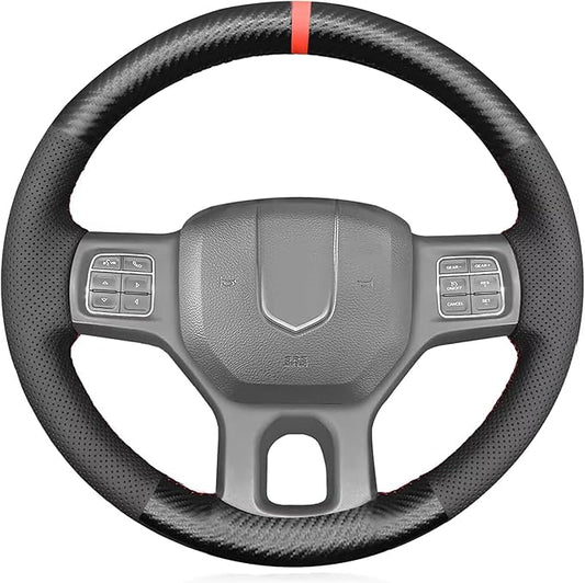 Genuine Leather Carbon Fiber Steering Wheel Cover for Dodge RAM 1500 2012-2018/1500 Classic 2019-2022/2500 3500 5500 Accessories Car OEM Custom Fit Hand Stitched Interior Parts