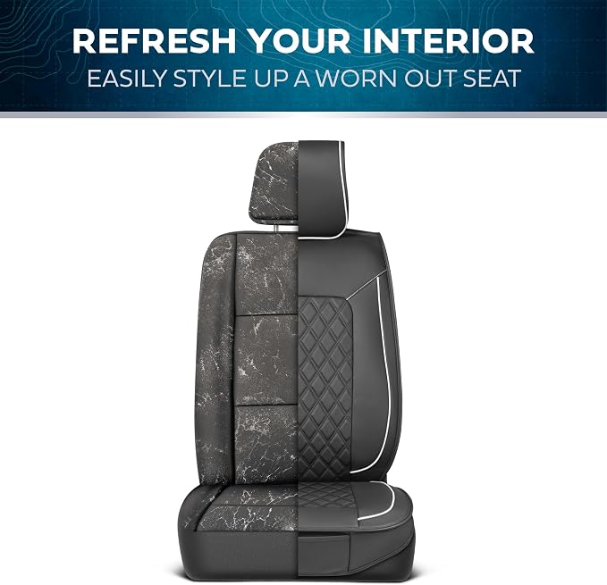 MotorBox Prestige Edition Napa Leather Car Seat Covers Full Set, Open Sides Leather Seat Covers, Premium PU Leatherette Black & White Seat Covers for Cars Trucks SUVs, Front and Rear Seat Cover Set