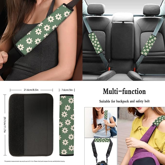 Green Groovy Flower Car Seat Cover 12 Pcs Full Set Floral Auto Steering Wheel Cover 15 Inch，Seatbelt Pad,Keychains Balm Lip Holder Case Absorbent Coasters Decoration Interior Accessory Set